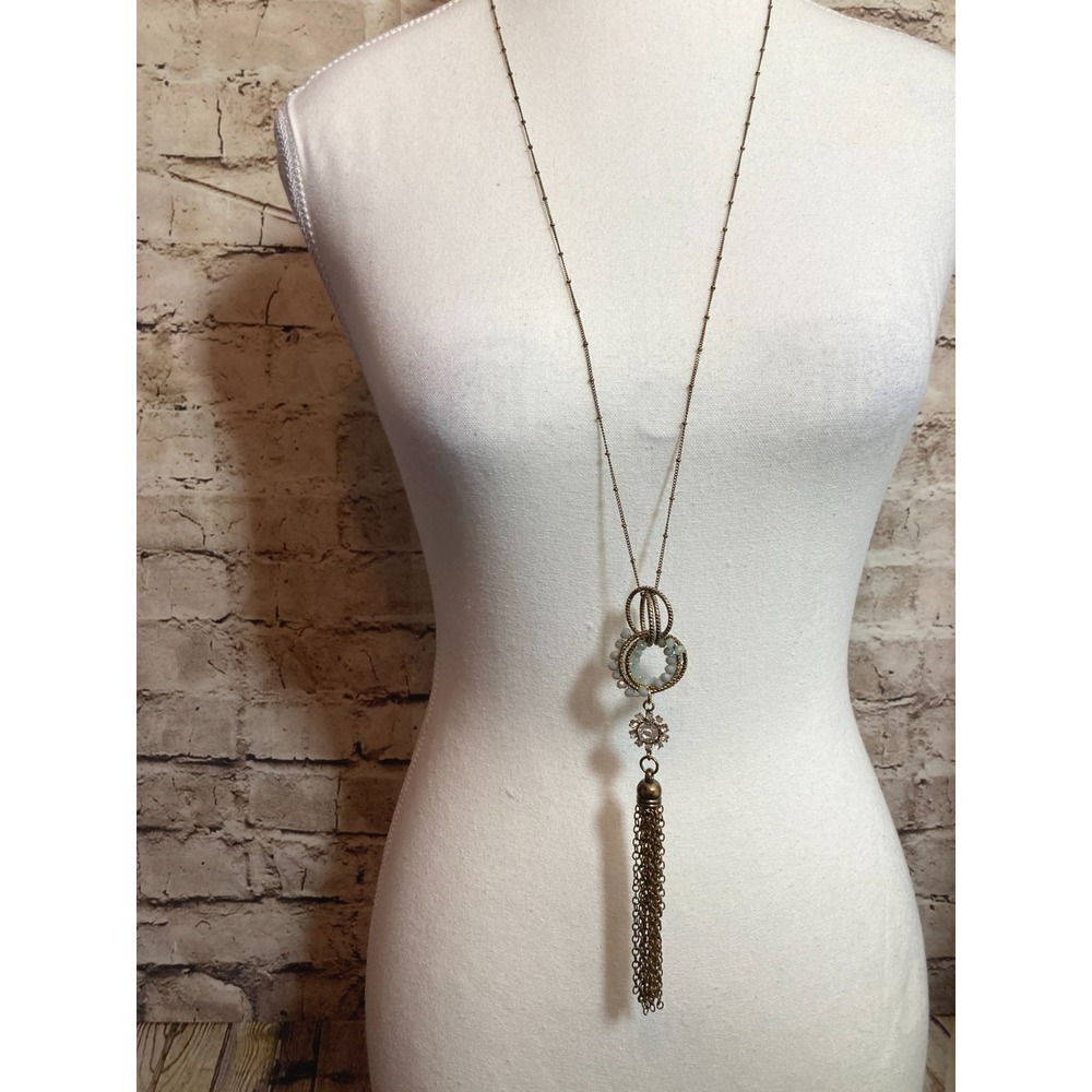 Boho‎ Lariat Tassel Necklace Bronze Tone Aqua Faceted Beads Layering Stackable - Picture 2 of 13
